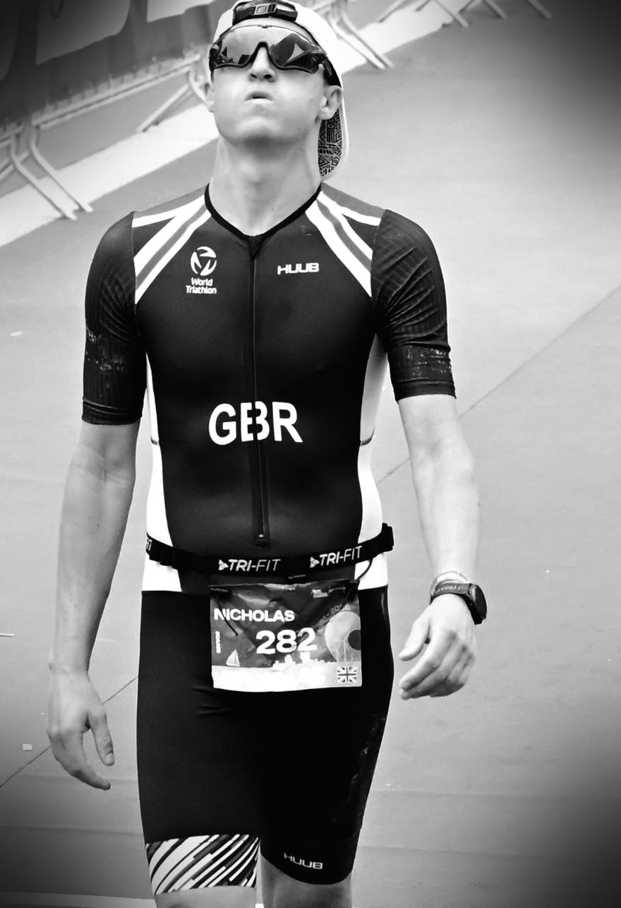 Nick Buckley-Mills in Team GBR kit walking through the finish area at the 2026 European Long Course Championships in Almere, looking up after the race